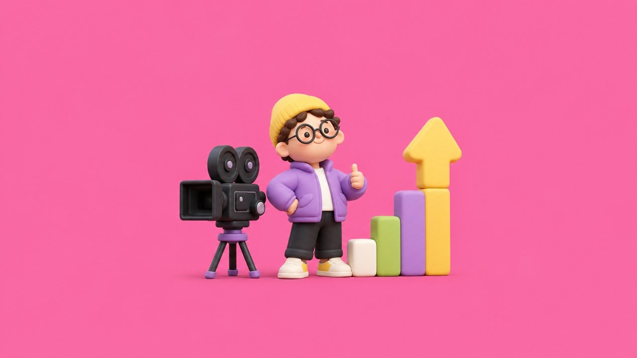 3D illustration of a creator in a beanie and glasses next to a video camera and a rising bar chart
