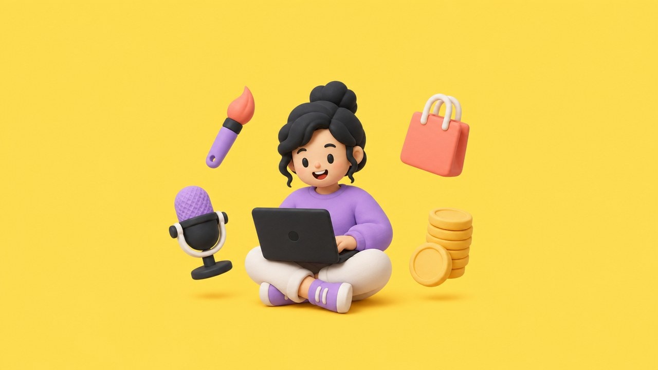 3D illustration of a creator on a laptop, surrounded by a paintbrush, a podcast microphone, a shopping bag and a stack of coins
