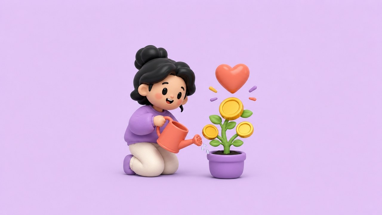 3D illustration of a creator watering a potted plant that grows gold coins, with a heart floating above it